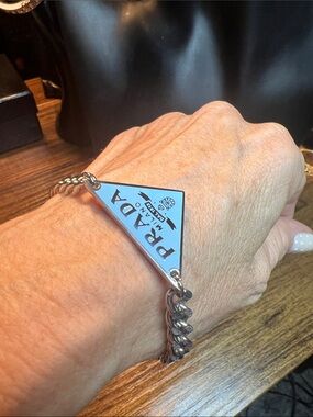 Stainless Steel Silver-Tone Triangle Logo Chain Bracelet